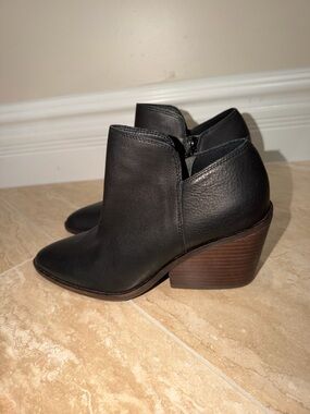 Lucky Brand Black Leather Ankle Booties with Stacked Brown Heel